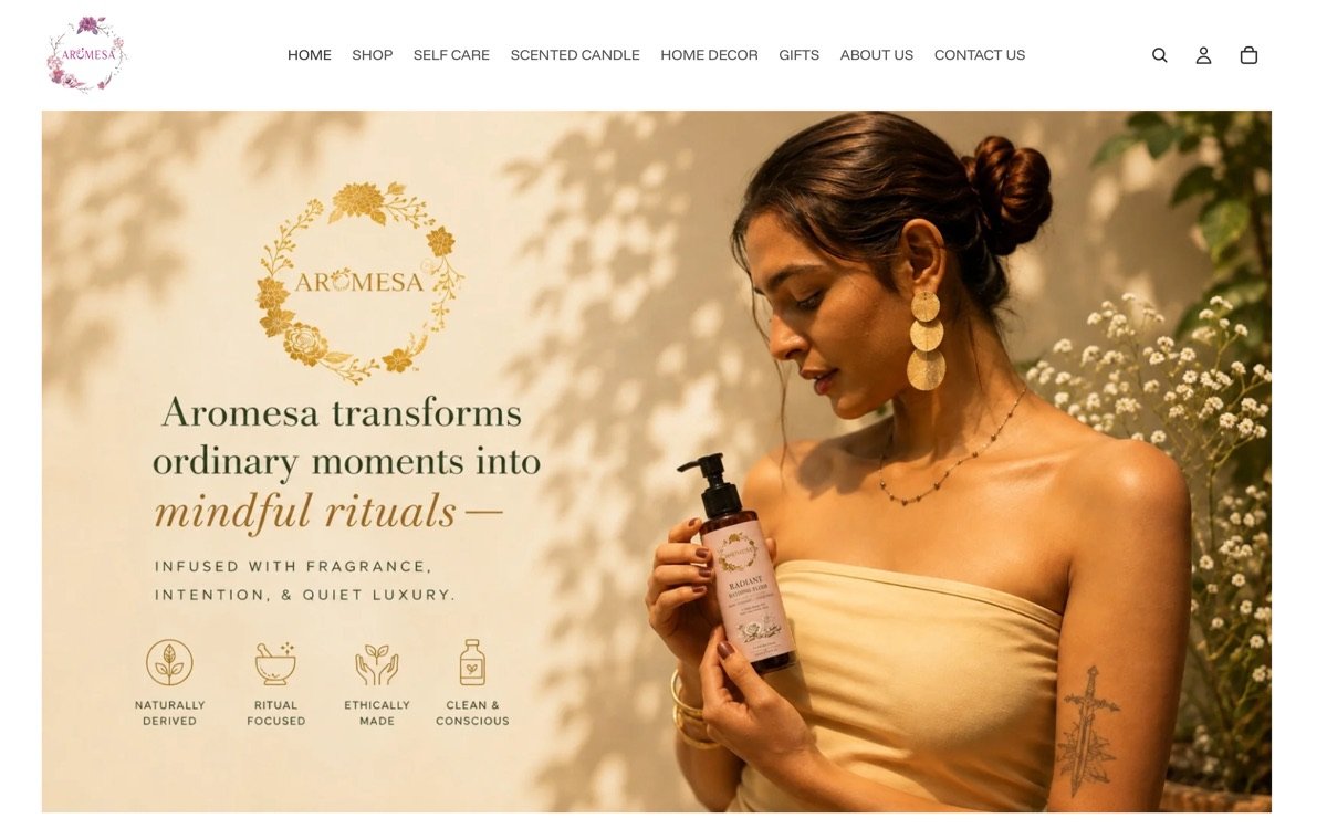 The Aromesa home page, a self-care and fragrance brand