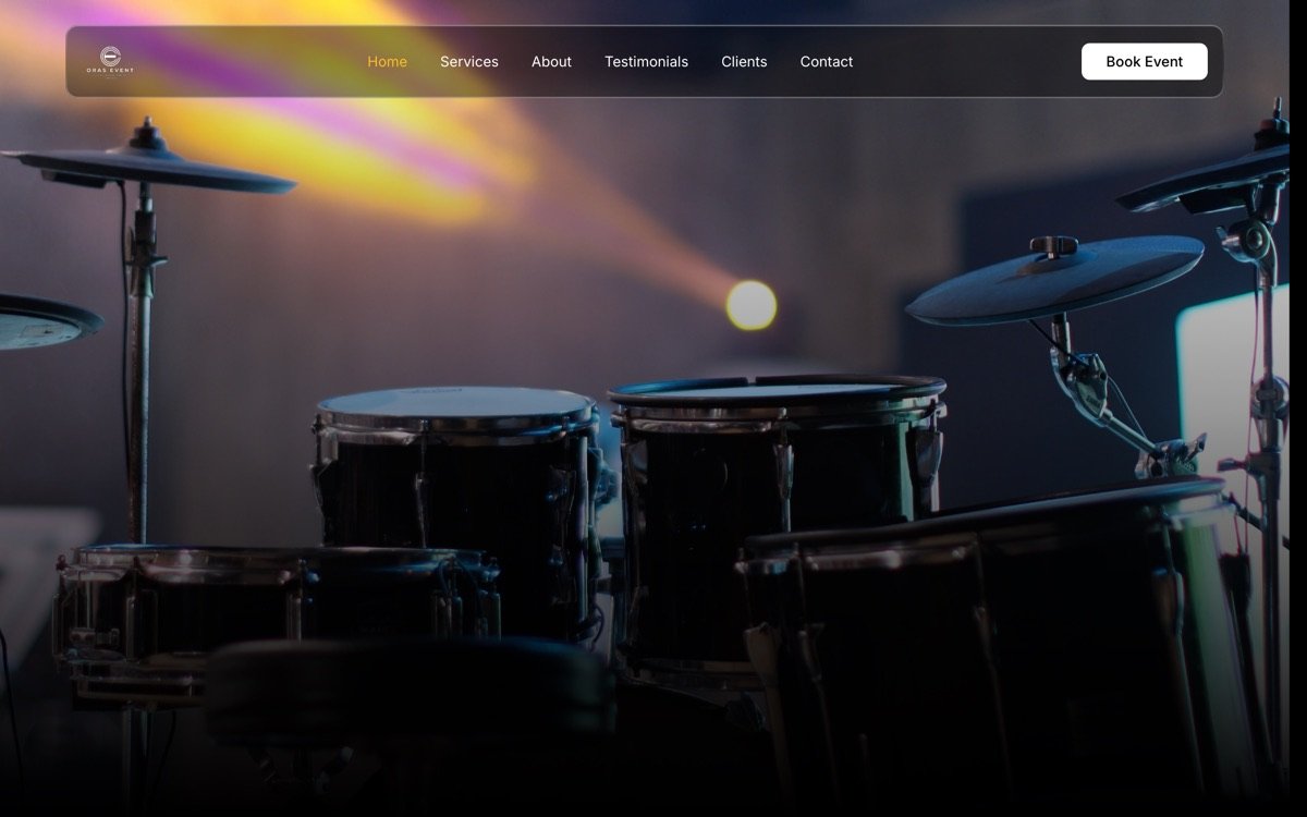 The Oras Events home page, a stage with a drum kit under event lighting